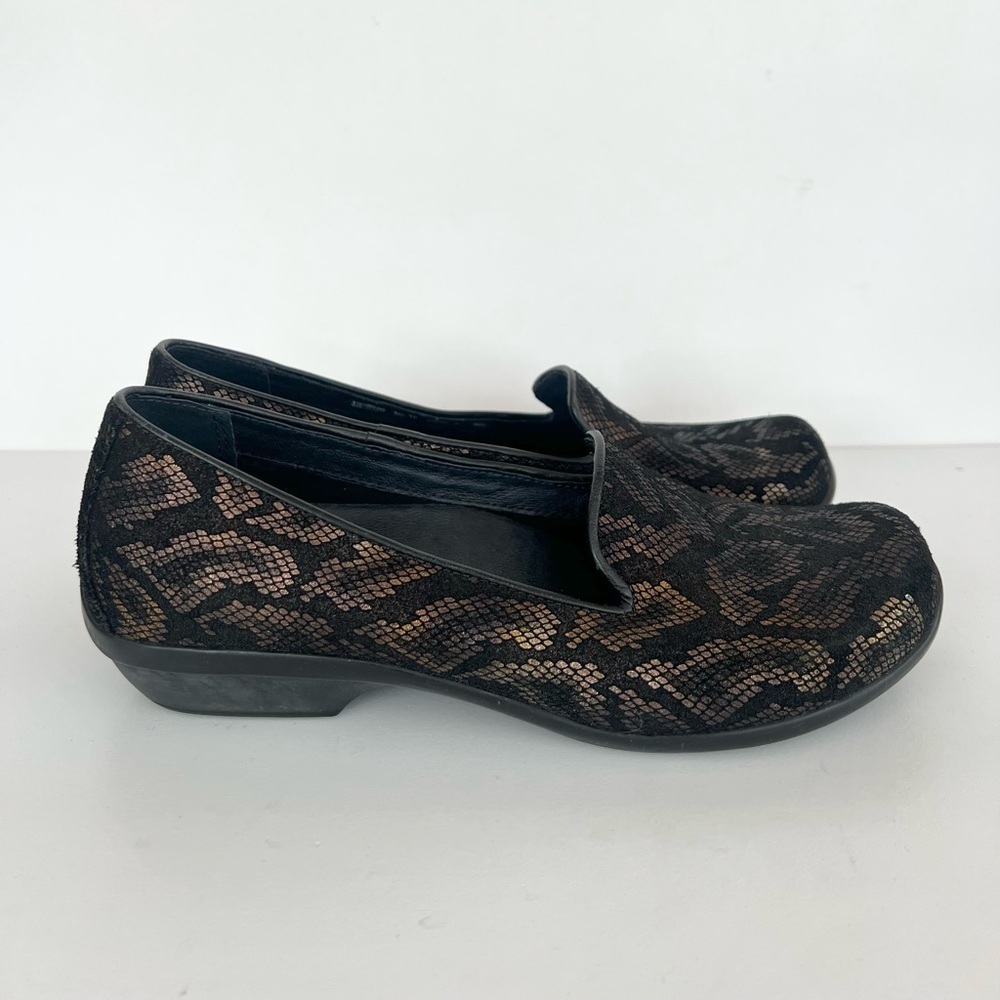 Dansko Olivia Metallic Snake Print Leather Slip-On Clogs in Black/Bronze, 39